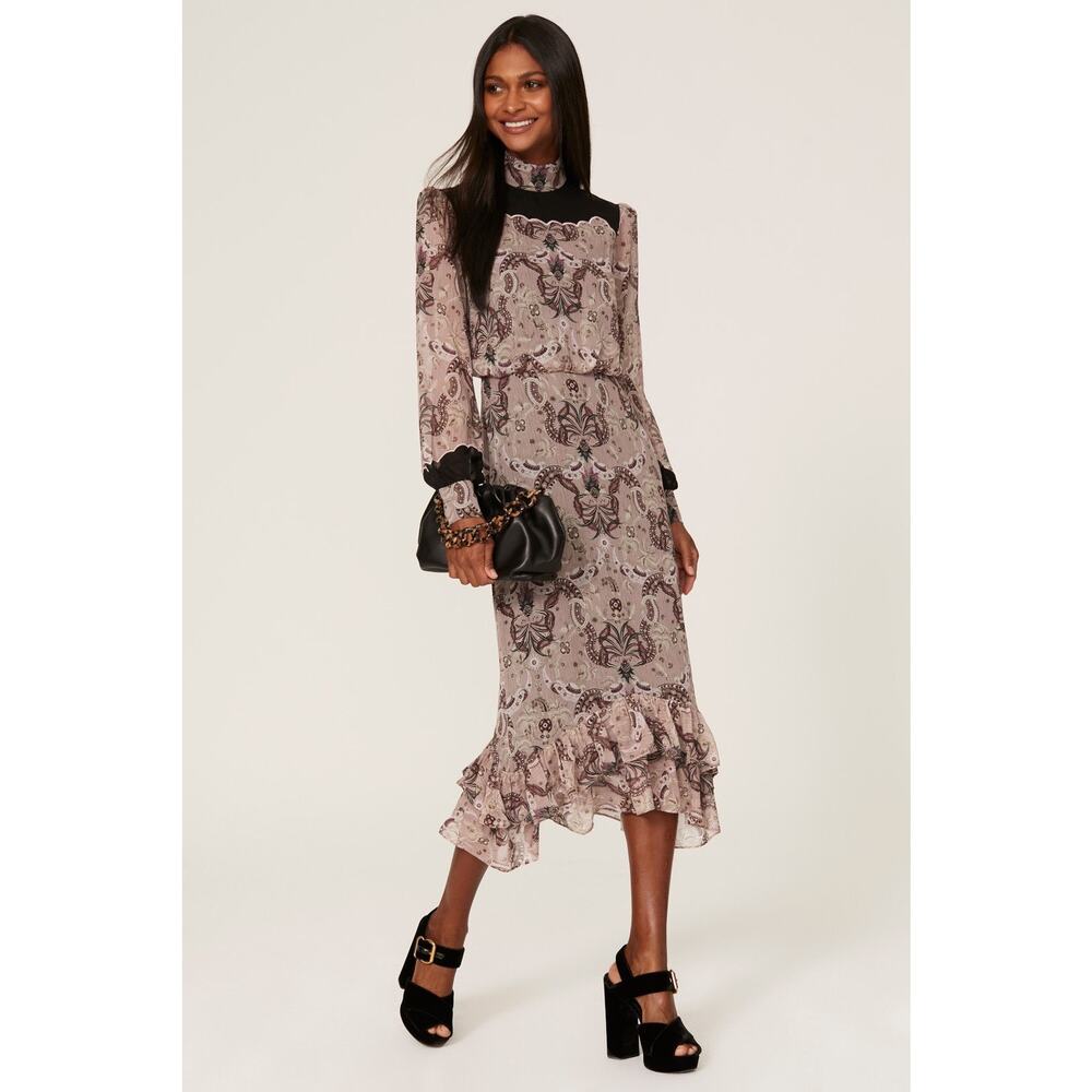 Saloni Isa Scallop Black Mauve Paisley Print Silk Scalloped Ruffle Midi Dress 2